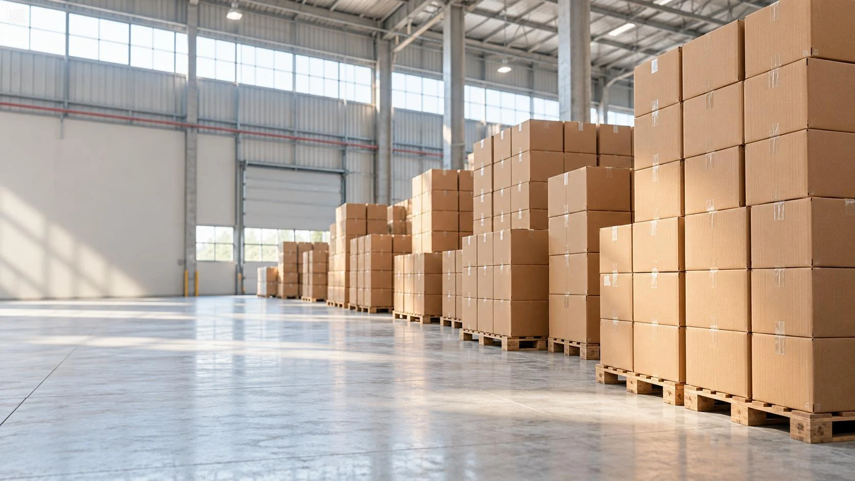 Stacks of brown corrugated cartons in a bright warehouse